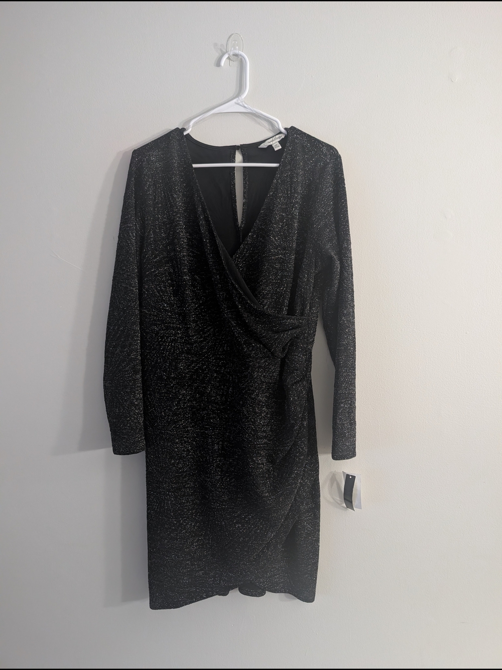 Speechless Black Metallic Long-Sleeve Wrap Dress